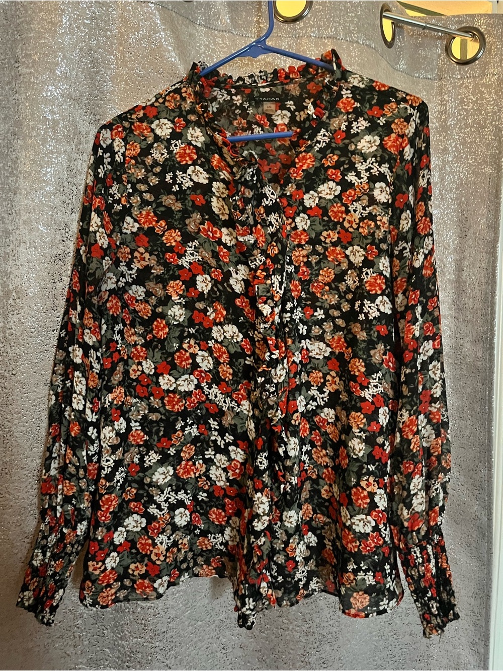 T Tahari Black Floral Snap-Neck Blouse with Red and Cream Accents